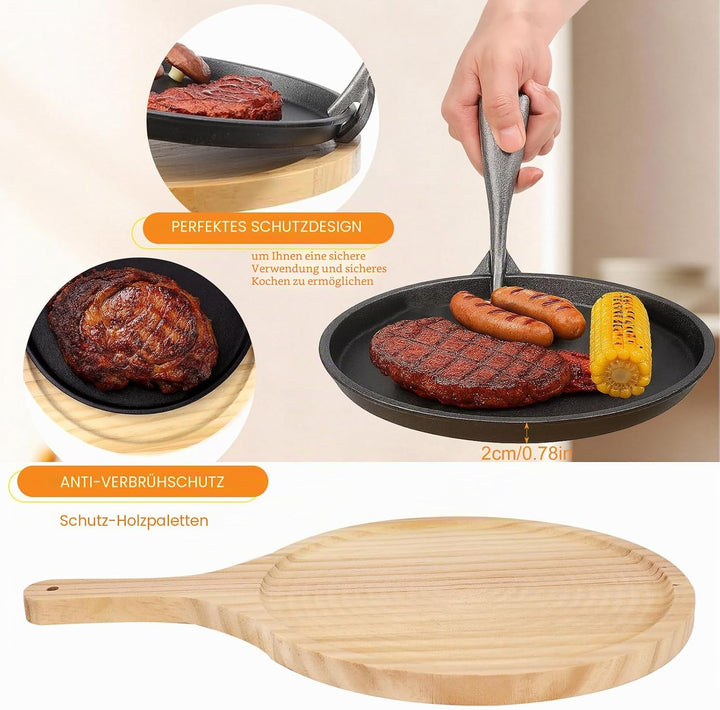 2er Set Gusseisen Pfannen Set Gusseisens Fajita Pfanne mit Holzuntersetzer Anti Verbrüh Schutz Runde