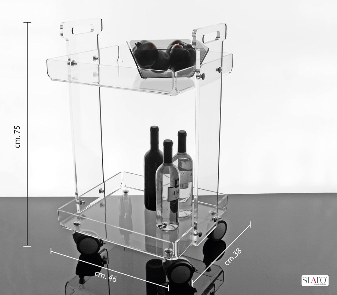 Slato Vinny Küchenwagen für Wohnzimmer und Küche mit Rädern, Vitrine mit zwei Ablagen aus Acrylkrist