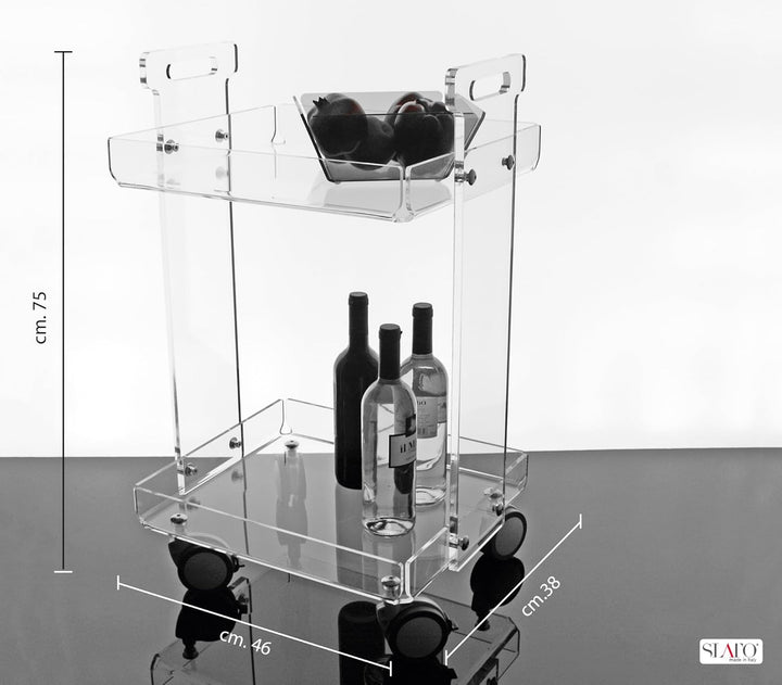 Slato Vinny Küchenwagen für Wohnzimmer und Küche mit Rädern, Vitrine mit zwei Ablagen aus Acrylkrist