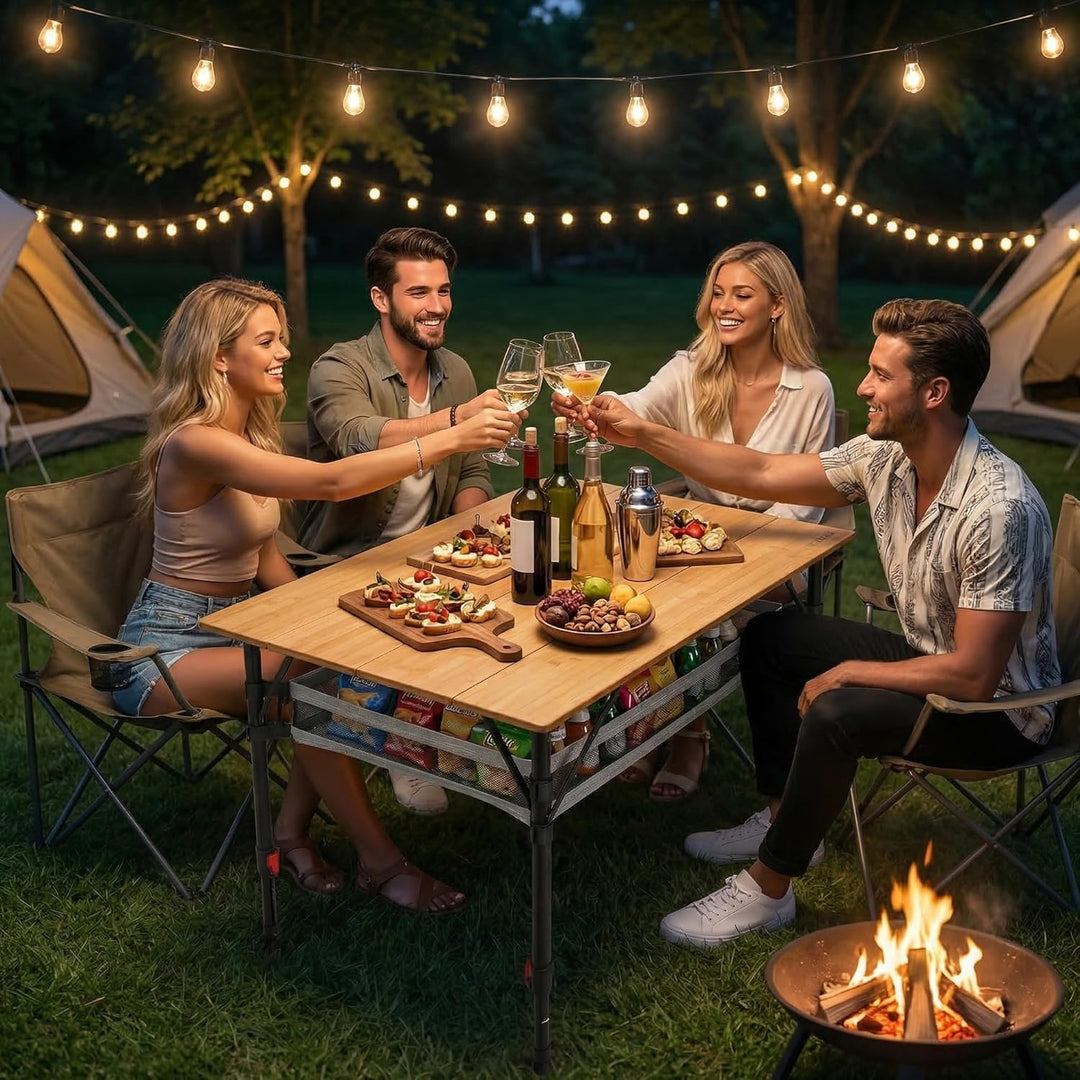 Join Nature Campingtisch Klappbar Bambus Stufenlos Höhenverstellbar 47–65cm Aluminiumgestell mit Tra