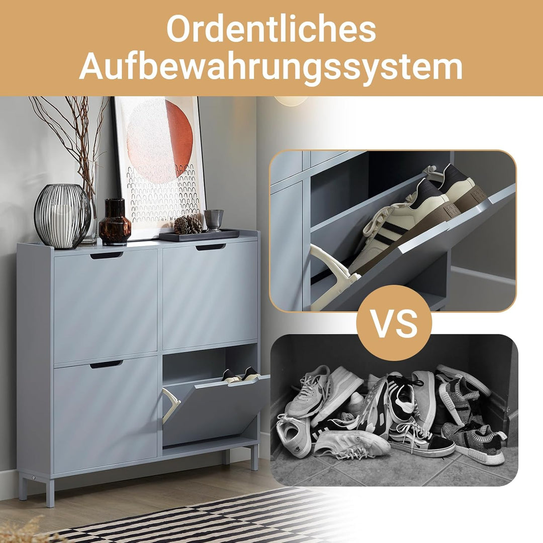 SoBuy Schuhschrank schmal mit 4 Klappen platzsparender Schuhkipper Hoch Kommode mit 4 Ablagen Schuhr