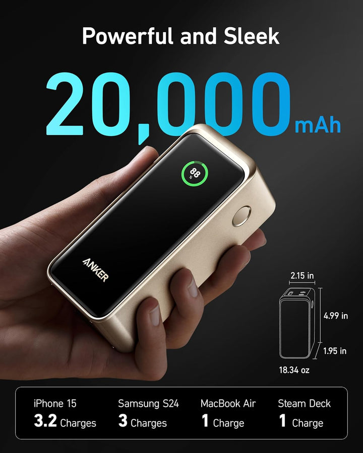 Anker Prime Powerbank, 20.000mAh externer Akku mit 200W Leistung, Digitales Display, 2X USB-C und 1x