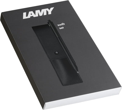 LAMY Set aus 1x swift Tintenroller 330 aus Edelstahl in schwarz und 1x Echtleder-Etui in der Farbe s