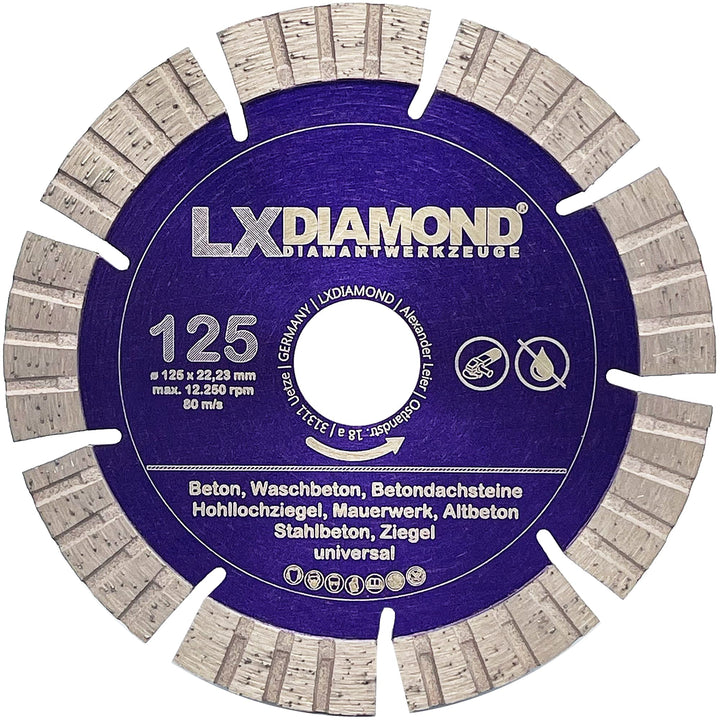 LXDIAMOND Diamant-Trennscheibe 125mm x 22,23mm - Segmente 13mm - passend für Beton Stahlbeton Waschb