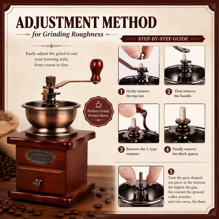 Manuelle Kaffeemühle Einstellbare Grobheit Kaffeemühle Mahlwerk Kaffeebohnenmühle Vintage Holz Handm