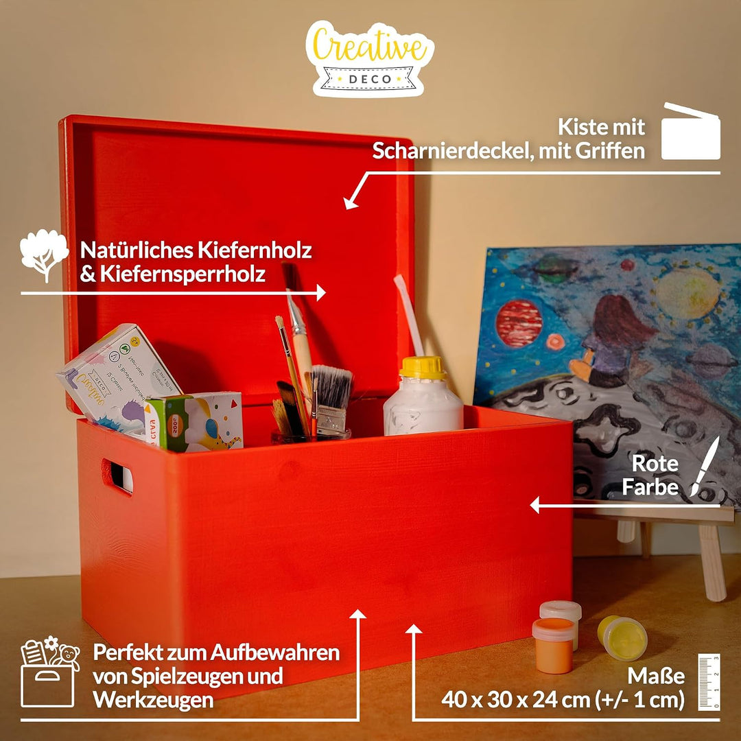 Creative Deco XXL Rot Grosse Holzkiste mit Deckel | 40x30x24 cm (+/-1cm) | Holztruhe Erinnerungsbox