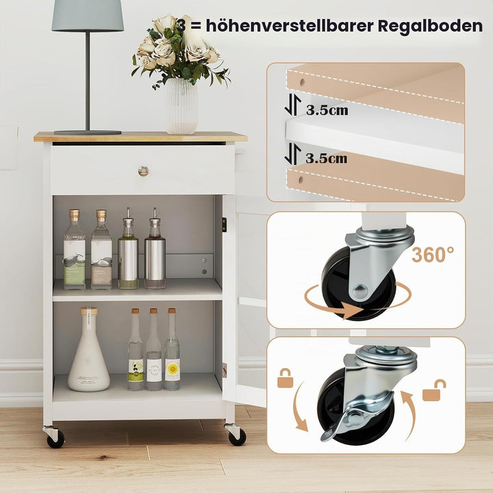 KOMFOTTEU Küchenwagen mit Rollen, Servierwagen mit Schublade, Glastür, Handtuchhalter, Gummiholzplat