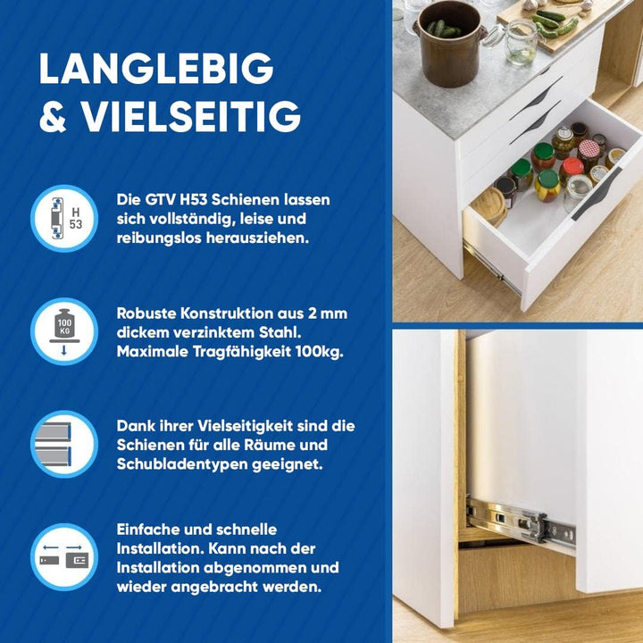 GTV H53 Schubladenschienen Vollauszüge Schubladenauszüge - 53.9 x 1100 mm - 2 mm Starken Verzinkt St