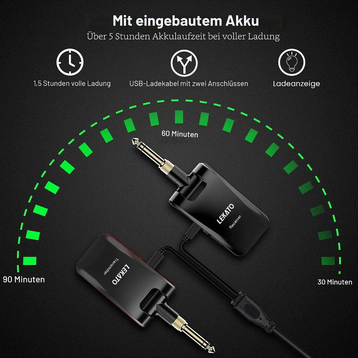 LEKATO Stereo 2.4GHZ Guitar Wireless System Wiederaufladbarer Gitarrensender Empfänger für Gitarren,