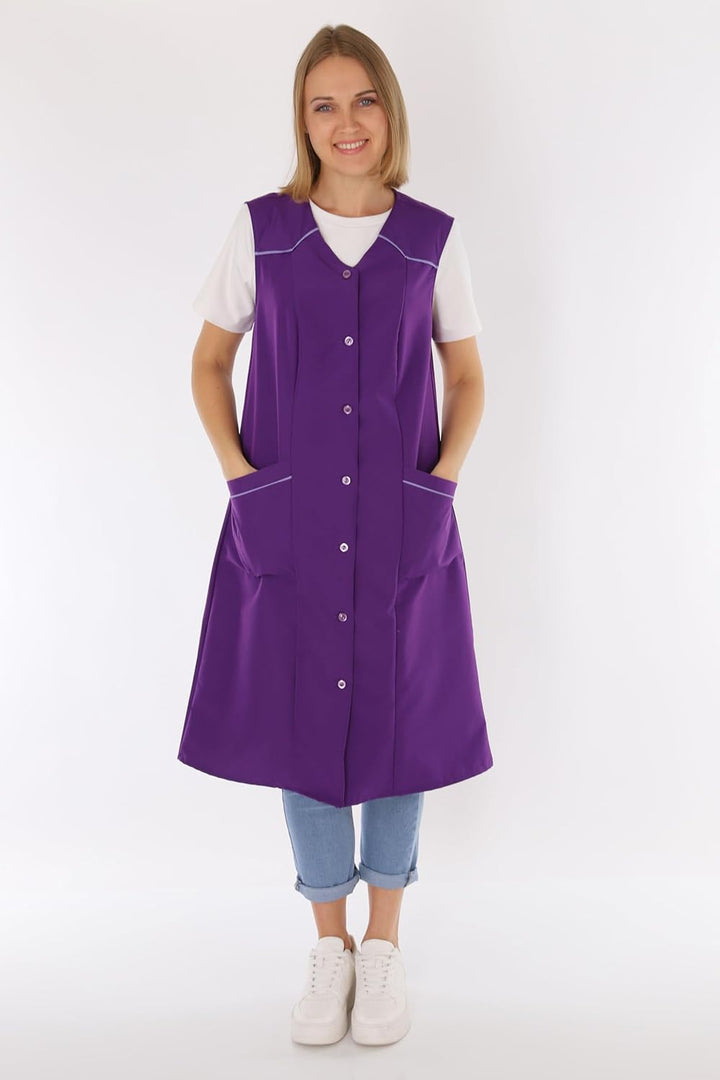 Damenkittel ohne Arm Kochschürze Kittel Schürze Knopfkittel einfarbig Hauskleid 38 Lila, 38 Lila