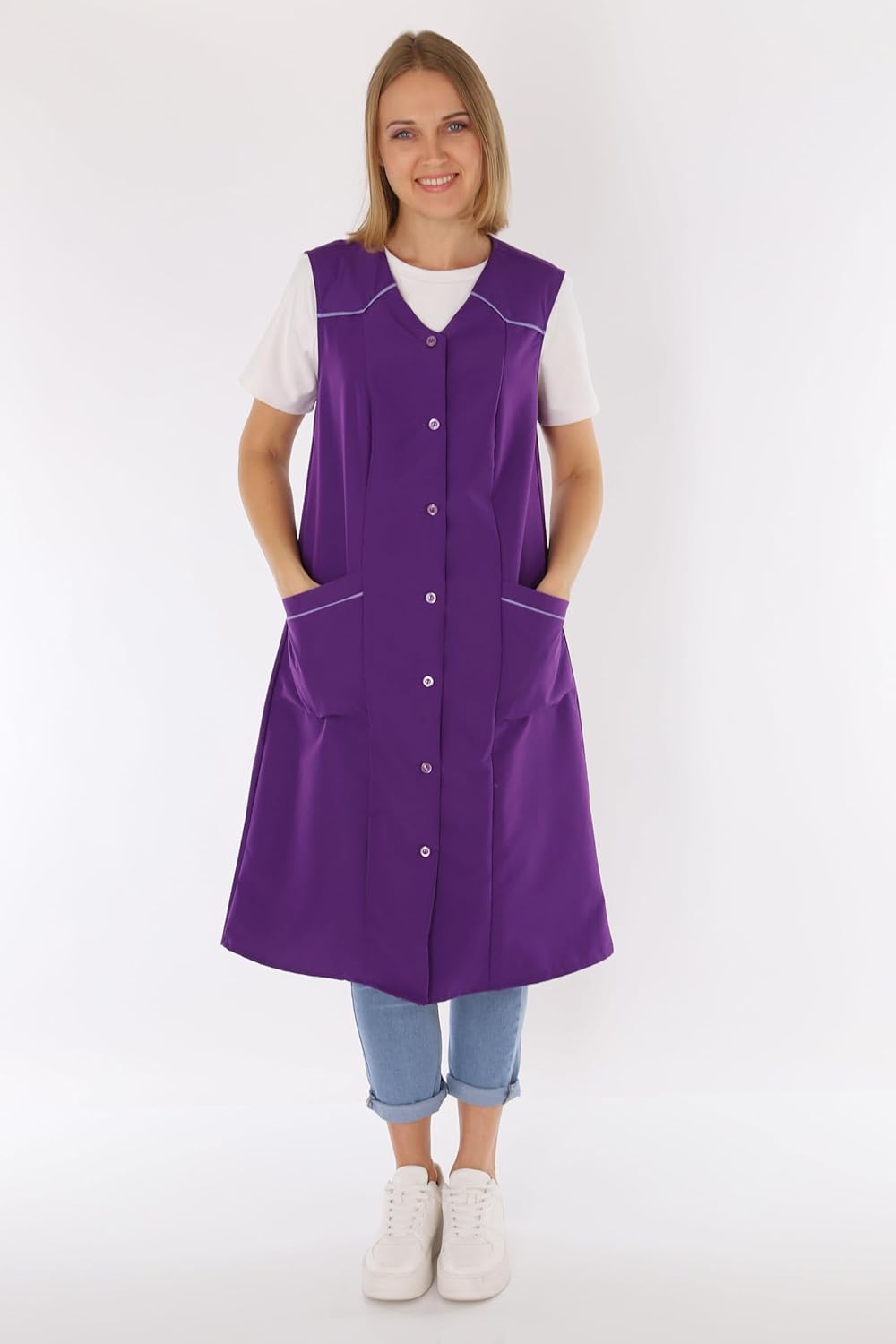 Damenkittel ohne Arm Kochschürze Kittel Schürze Knopfkittel einfarbig Hauskleid 42 Lila, 42 Lila