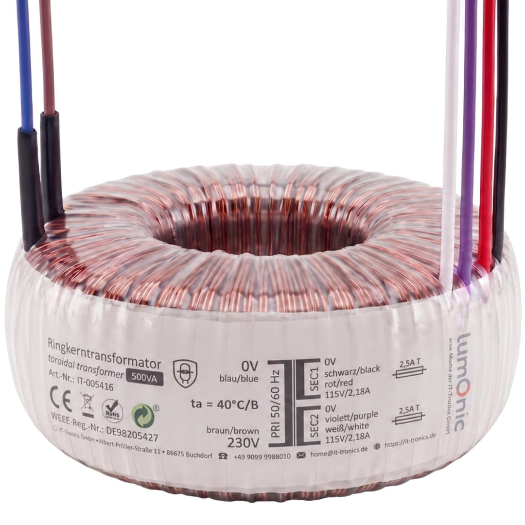 Sedlbauer Ringkerntrafo Transformator 500VA 2x115V für Audio, Industrie, Halogen und Schienensysteme