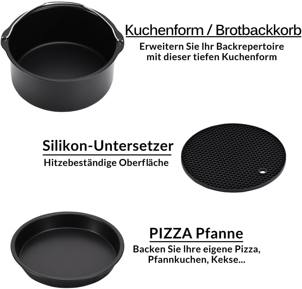 MONZANA® Heissluftfritteuse Zubehör XL 6,5L Fritteuse Set 9tlg mit Brotbackkorb Pizzapfanne Silikonp