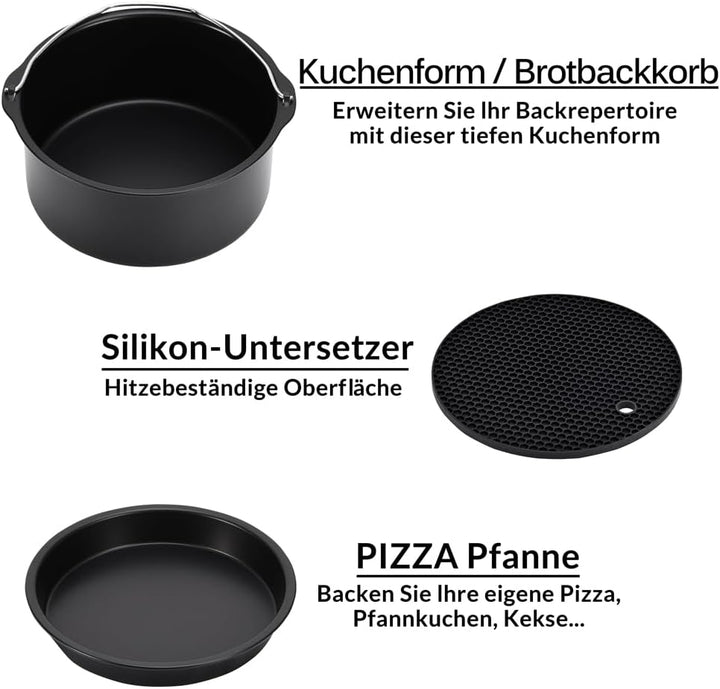 MONZANA® Heissluftfritteuse Zubehör XL 6,5L Fritteuse Set 9tlg mit Brotbackkorb Pizzapfanne Silikonp