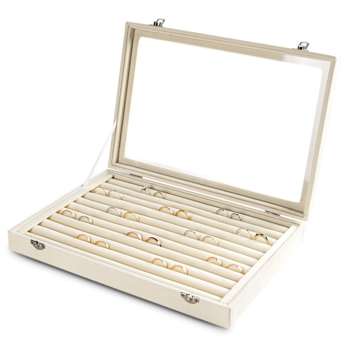 Frebeauty Ringe/Ohrringe Organizer Tablett mit klarem Deckel 10 Slots Samt Schublade Einsatz Schmuck