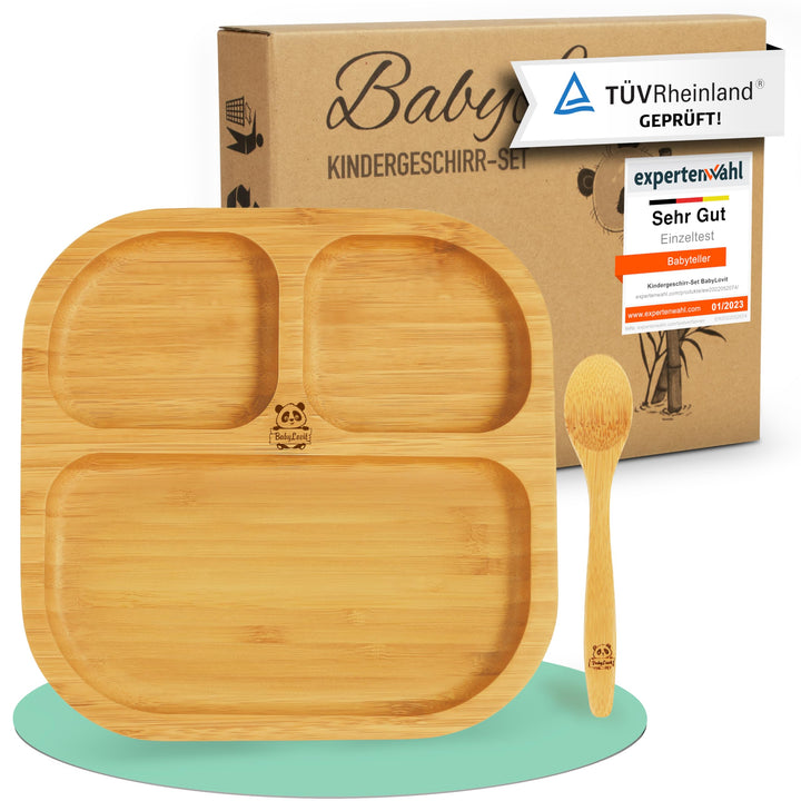 Babylovit Bambus Kinderteller | TÜV Geprüfter Baby Teller mit Saugnapf &amp; Esslernbesteck | BLW Beikos