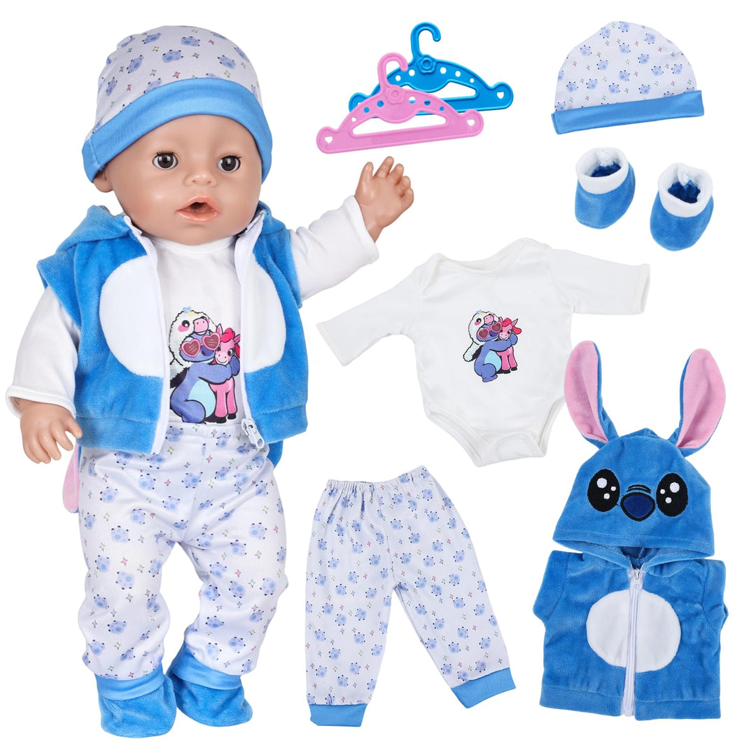 7 Stück Puppenkleidung, Blaue Kleidung Outfit für 35-43 cm Baby Puppen mit Jacke, Oberteil, Hose, Mü