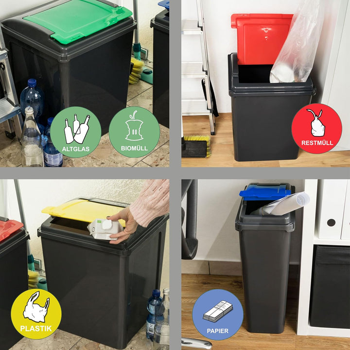 2x 50L Mülltonne Schwarz-Grün-Rot, Mülleimer Küche, Mülleimer 2 Fächer, Mülltrennsystem, Abfalleimer
