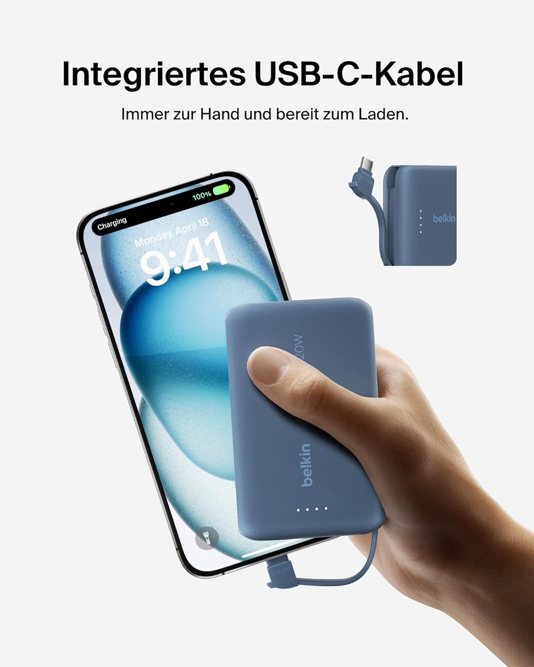 Belkin BoostCharge Power Bank, Portable Powerbank 10000mAh mit integriertem Kabel, PD 20 W – USB-C P