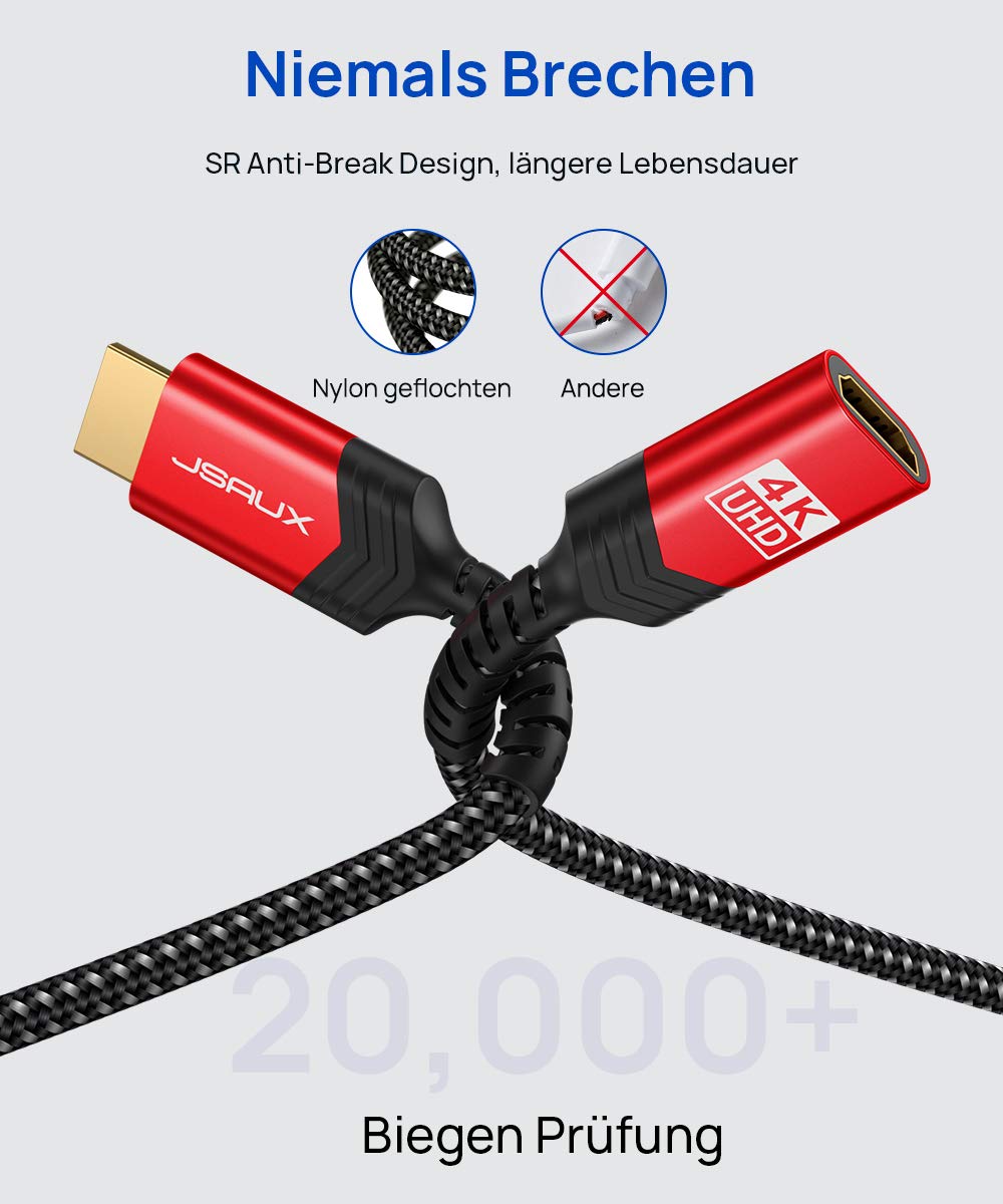 JSAUX HDMI Verlängerungskabel 3M 4K@60 Hz 2K@144Hz HDR High Speed HDMI 2.0 Stecker auf Buchse unters