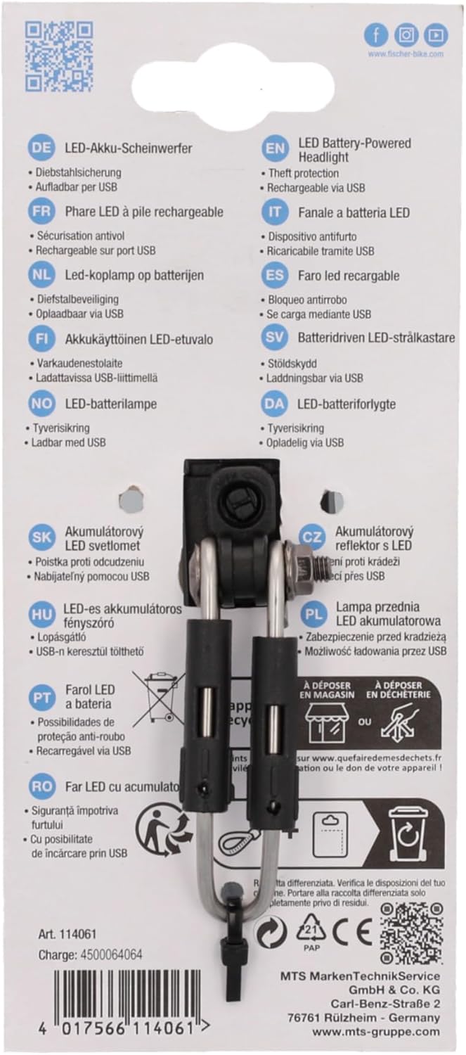 FISCHER Fahrrad LED-Frontlicht 45/20 Lux, mit Akku und USB-Ladefunktion, Dynamo-Look, Spritzwassersc