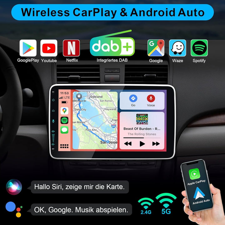 10 Zoll 1 Din Car Radio Android Autoradio mit Bildschirm 8-Kern DAB+ Wireless Android Auto & Apple C