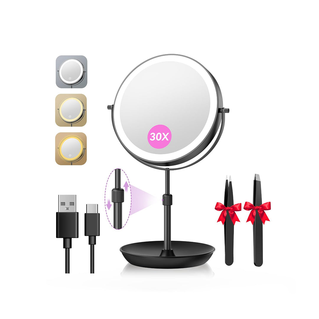 Auxmir 30X/1X Kosmetikspiegel mit Beleuchtung, 9 Zoll LED Schminkspiegel | 9 cm Höhenverstellbar, 30