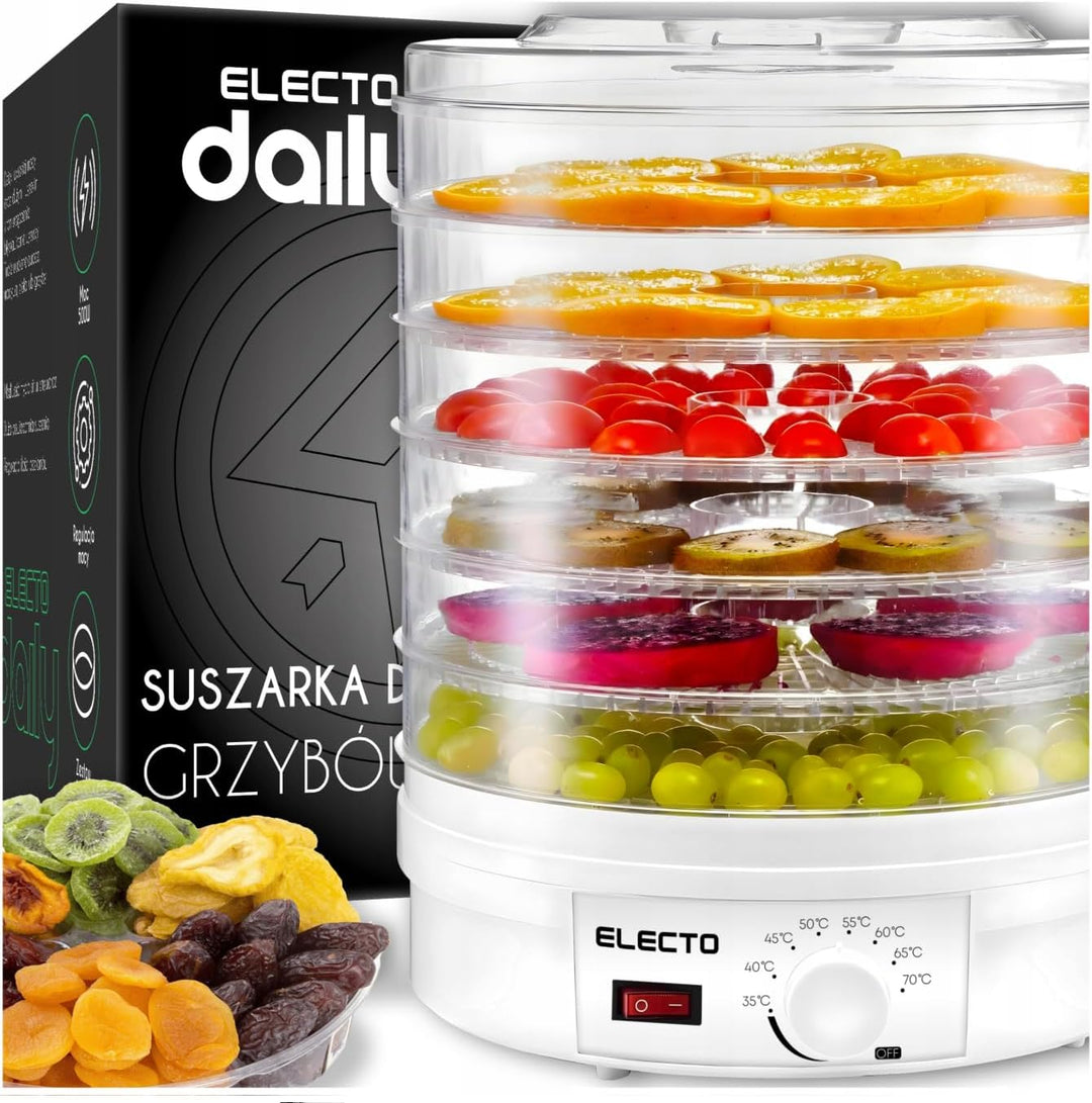 ELECTO Dörrautomat 500W – 6 BPA-freie Ebenen – XXL Lebensmitteltrockner – Temperaturregelung 35–70 °