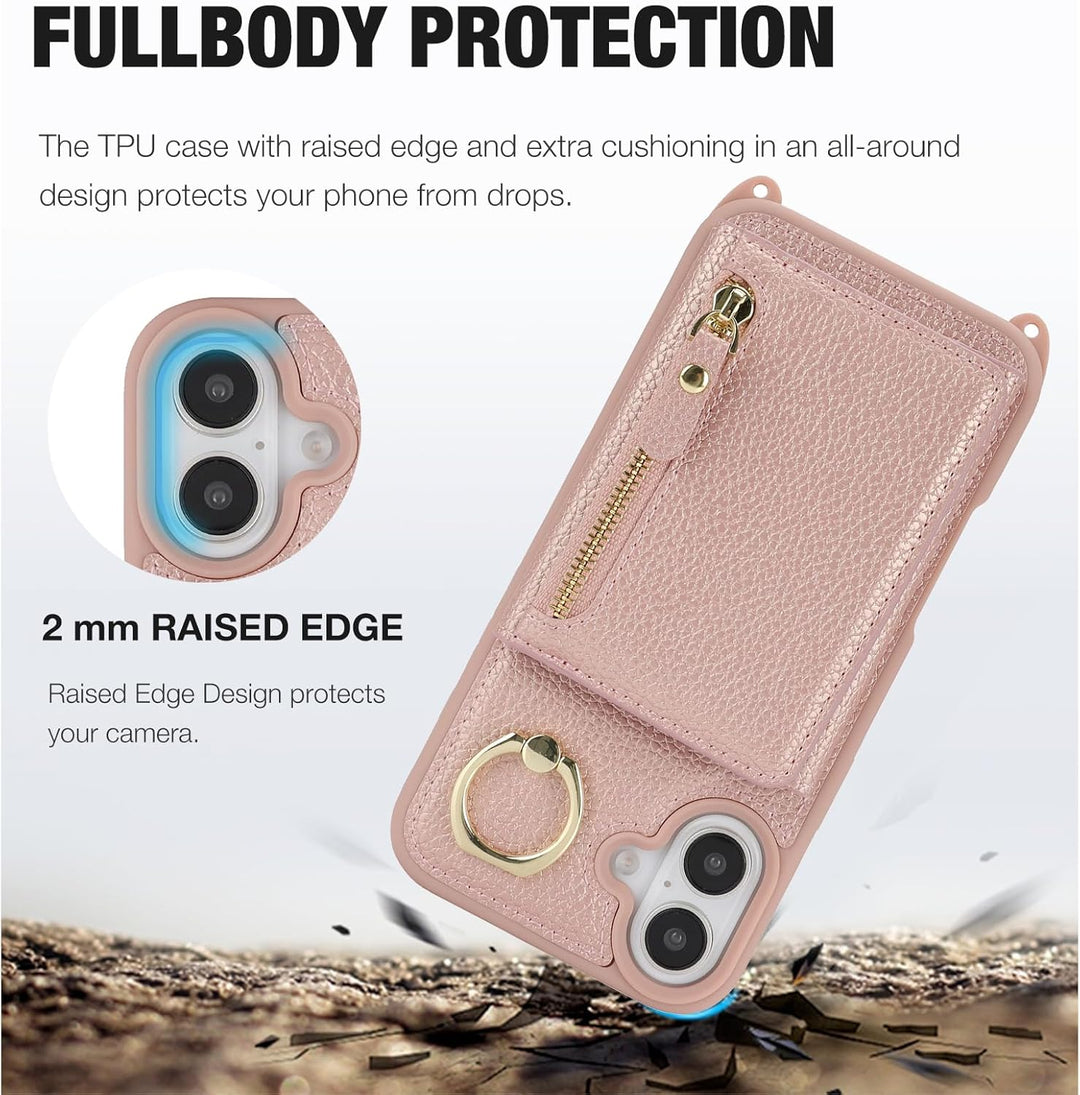 ELTEKER Handyhülle für iPhone 17 Hülle mit Band, Kartenfach Ringhalterung Reissverschluss Geldbörse,