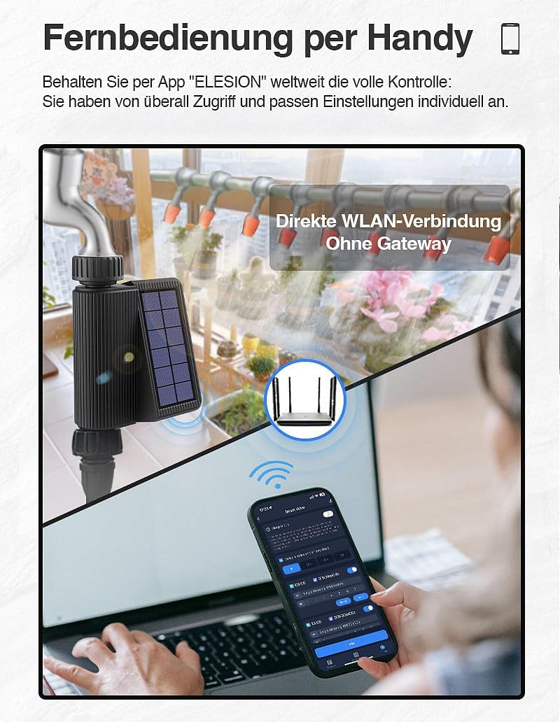 Royal Gardineer Solarbewässerungssysteme: 2er-Set WLAN-Bewässerungscomputer, Solarpanel, BT-Gateway,