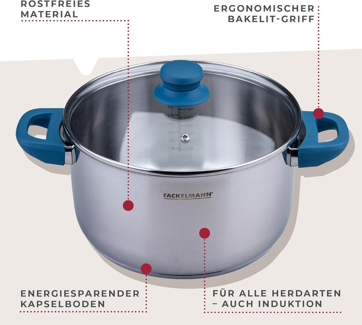 Fackelmann Kochtopf Essential Ø 24 cm aus Edelstahl – Modernes Design, ergonomische Softtouch-Griffe