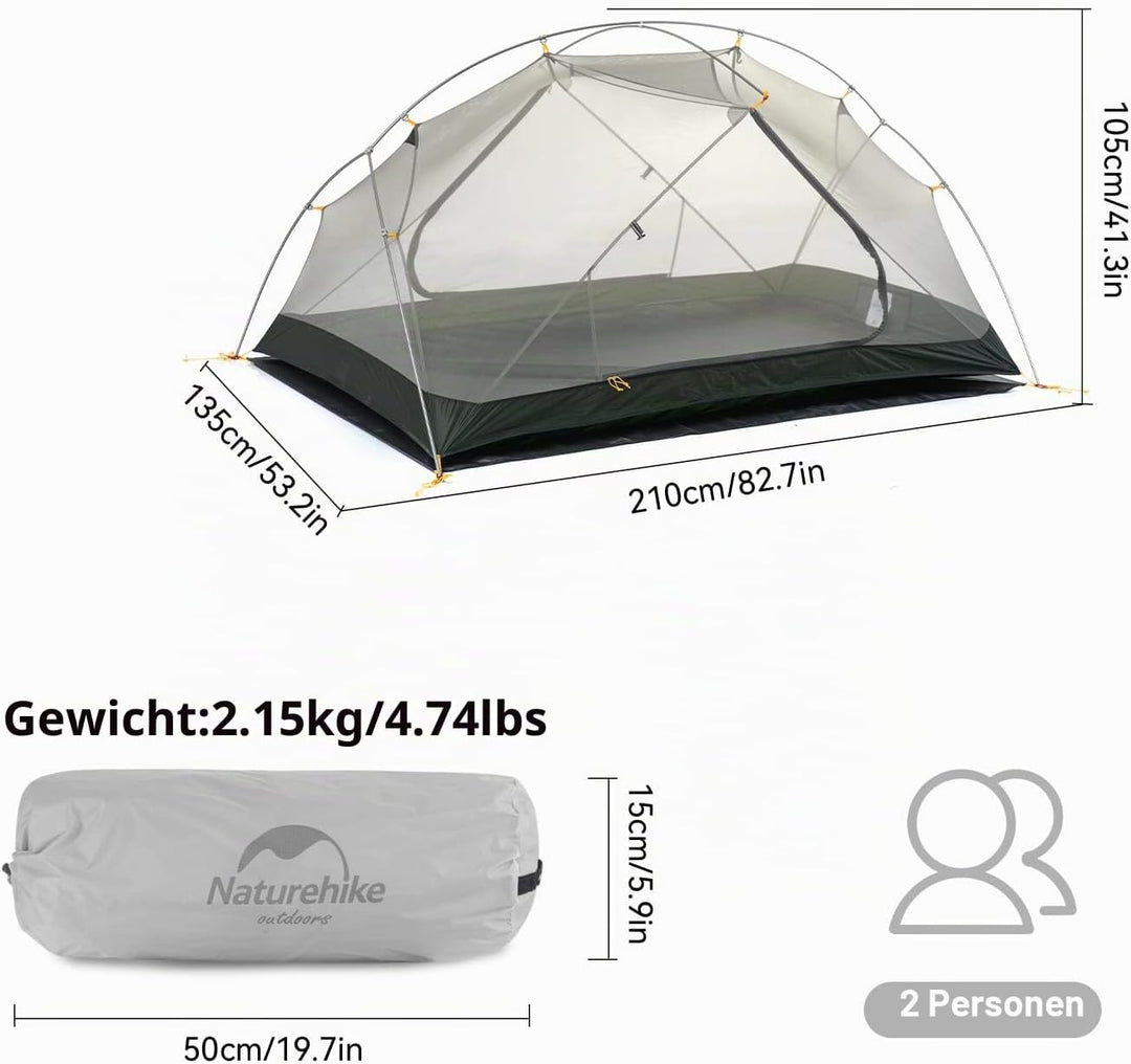 Naturehike Mongar Ultraleichtes Zelt 2 Personen Wasserdicht & Winddicht Kuppelzelt Kleines Packmass
