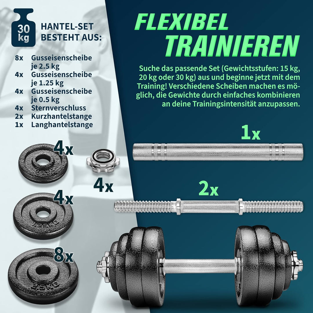 RE:SPORT 2 in 1 Hanteln Set 15-60kg | Hantelset Gusseisen verstellbar | Kurzhantel &amp; Langhantel | St