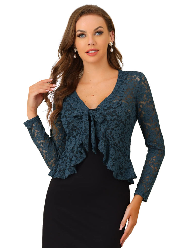 Allegra K Damen Spitzenbolero Langarm Bolero Durchsichtig Rüschensaum Crop Blumen Shrug M Dunkelblau