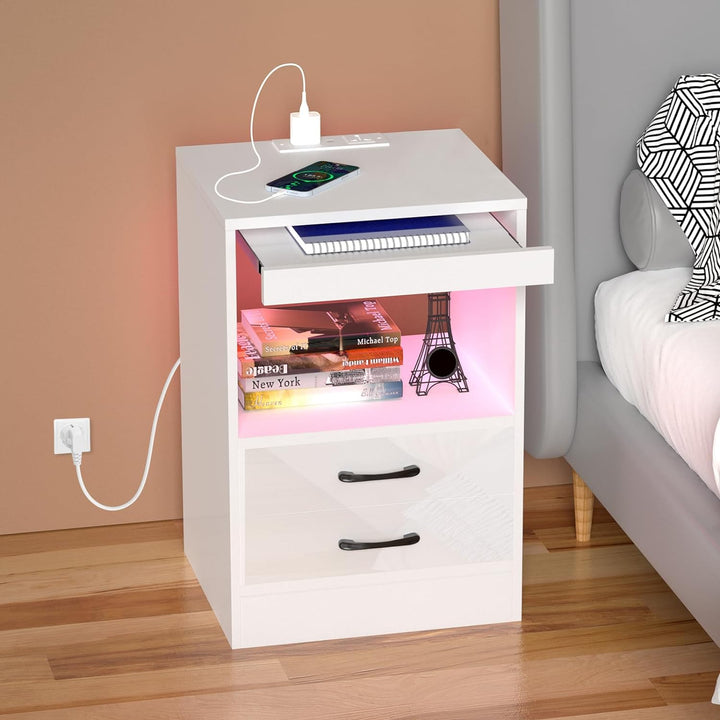 Lvhecforhm Nachttisch mit Steckdosen, Nachttisch Weiss Einstellbares Licht, Nachttische mit 2 Schubl