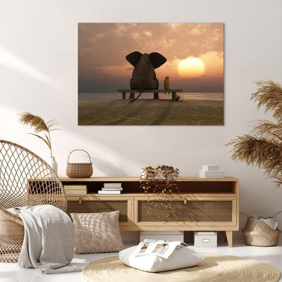 Bilder auf Leinwand 100x70cm Leinwandbild mit Rahmen Elefant Ufer Meer Gross Wanddeko Bild Schlafzim