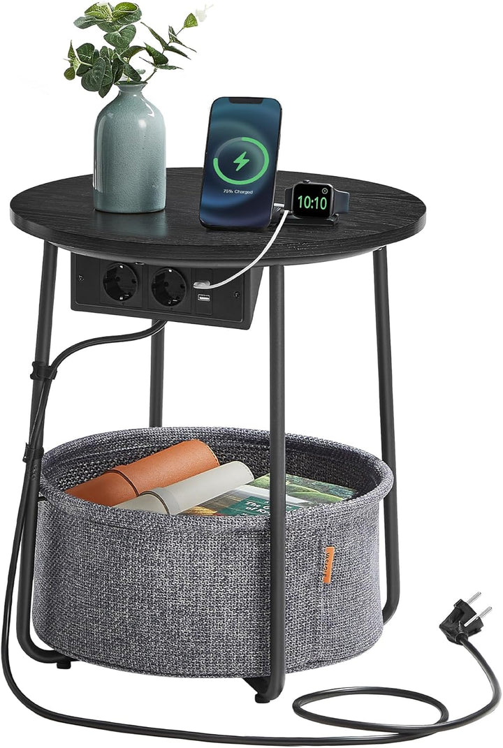 VASAGLE Beistelltisch rund, Kleiner Tisch, Couchtisch mit Steckdose, Wohnzimmertisch, Korb aus Stoff