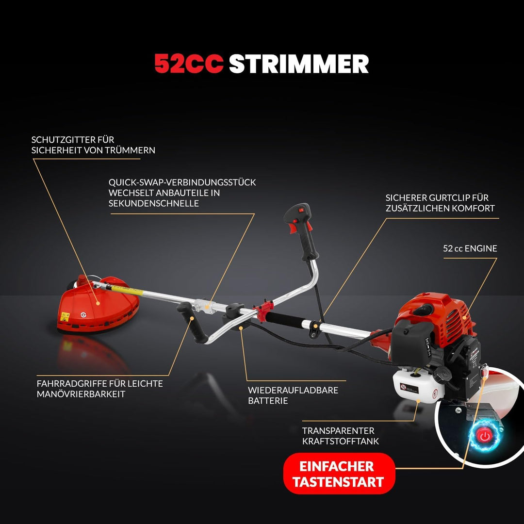 BU-KO 52cc Benzin-Rasentrimmer Garten Multitool - Elektrischer Druckknopf &amp; Zugschnurstart | 3-in-1