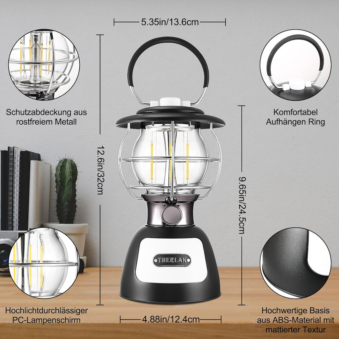 Therlan LED Campinglampe Aufladbar, 3 Lichtmodi, 250+ Std. Betriebsdauer, Stufenlos Dimmbar 4000K-65