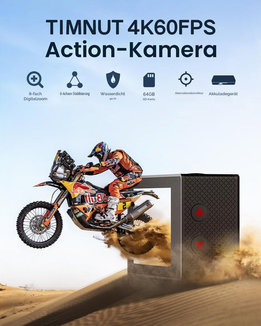 TIMNUT 4K60FPS Action Kamera, 40M wasserdichte Action Cam Unterwasserkamera mit 64 GB SD-Karte, 6-Ac