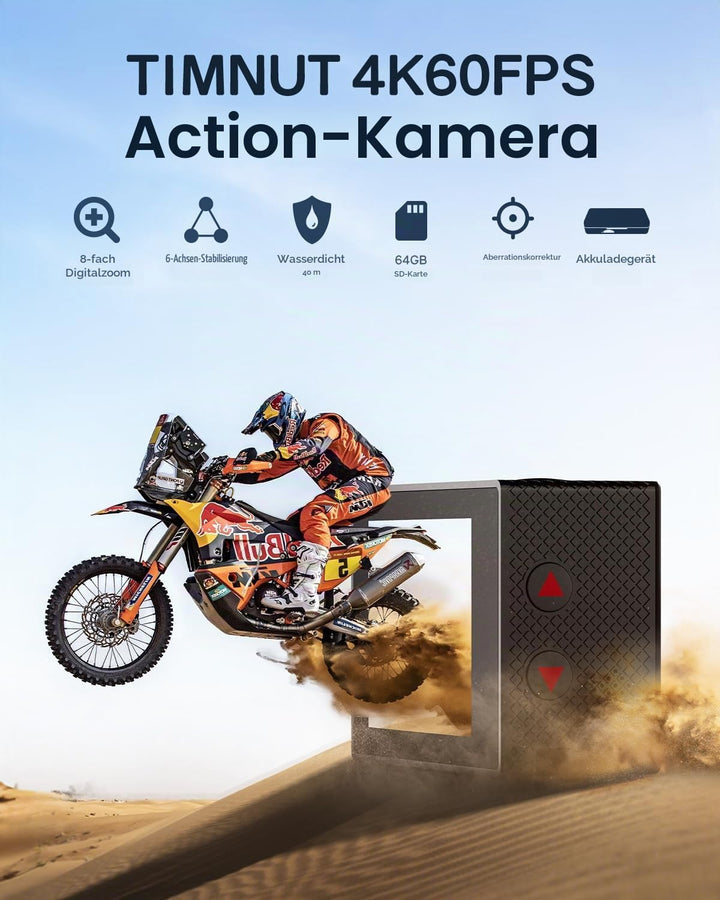 TIMNUT 4K60FPS Action Kamera, 40M wasserdichte Action Cam Unterwasserkamera mit 64 GB SD-Karte, 6-Ac