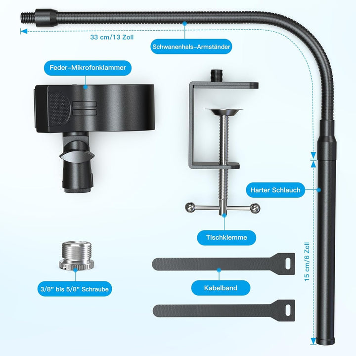 ZealSound Mikrofonarm Schwanenhals 19 Zoll, kompakter Mikrofon Ständer mit 3/8 auf 5/8 Zoll Adapter,