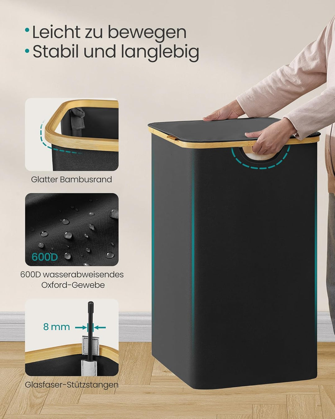 SONGMICS Wäschekorb mit Deckel, Wäschesammler mit 4 Fächern, 200 L, herausnehmbarer Wäschesack, Oxfo