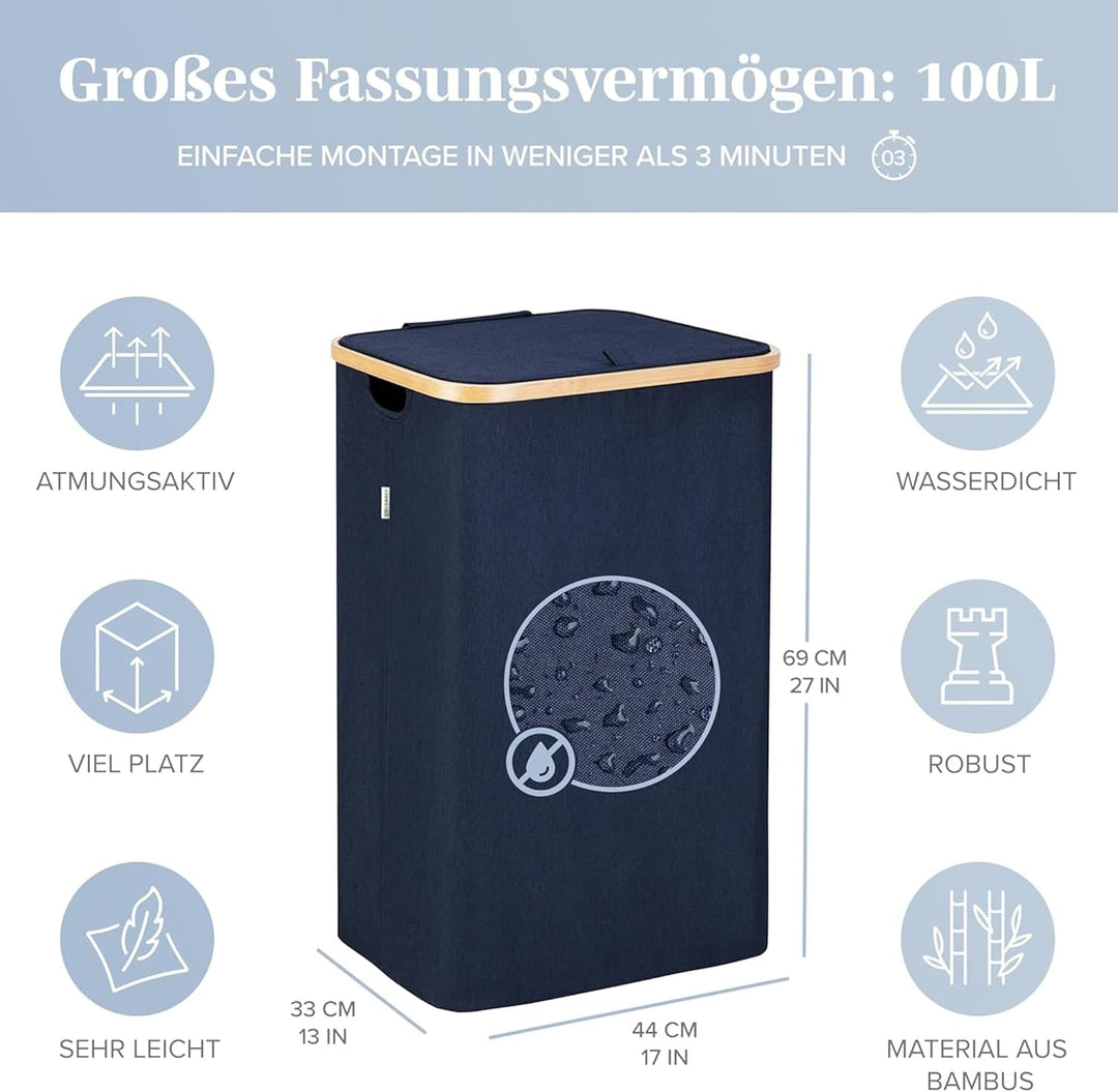 Lonbet - Wäschekorb mit Deckel Gross - XL 100 Liter - Wäschekorb Holz Bambus - Wäschesammler Blau mi