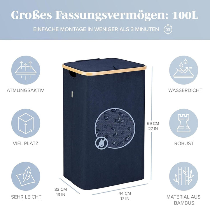 Lonbet - Wäschekorb mit Deckel Gross - XL 100 Liter - Wäschekorb Holz Bambus - Wäschesammler Blau mi