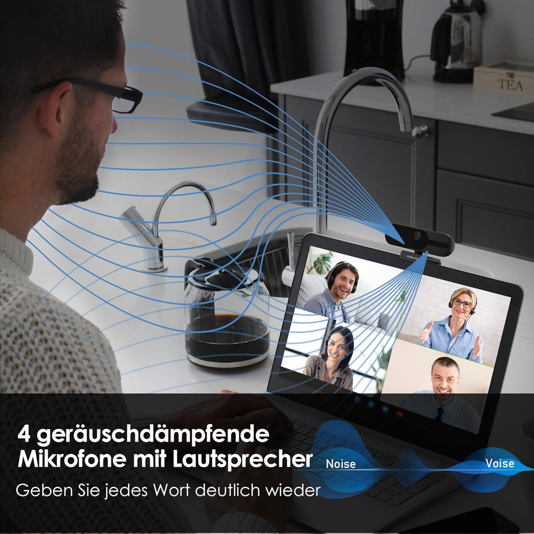 V21 Webcam 4K, Ultra HD Webcam mit Mikrofon, Lautsprecher, Fernbedienung, Zoom, 112°Sichtfeld, Autof