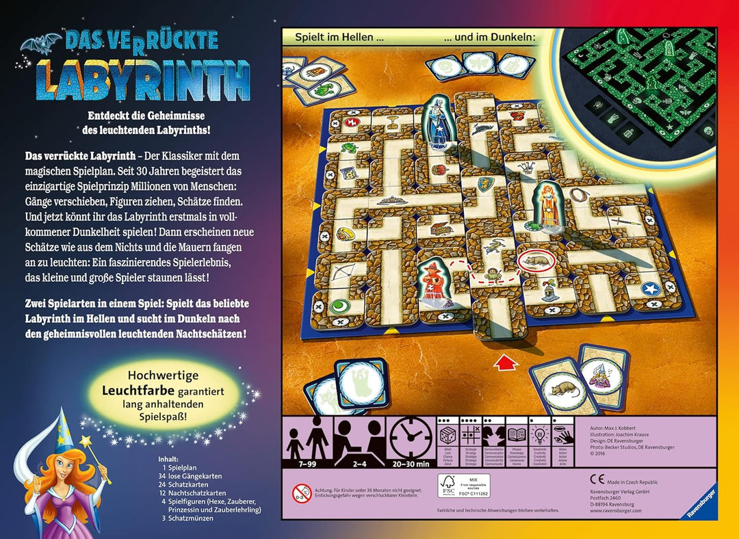 Ravensburger 26687 - Labyrinth Glow in The Dark - Familienklassiker mit Leuchtfarbe, Spiel für Kinde