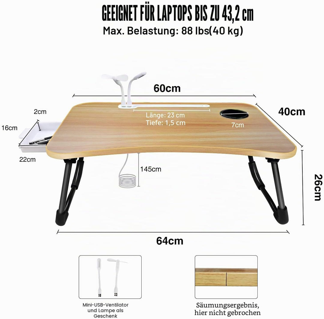A3A ACADGQ Laptoptisch, Laptop Betttisch Klappbar, Notebook Tisch mit 4 USB Ladeanschluss, Schublade