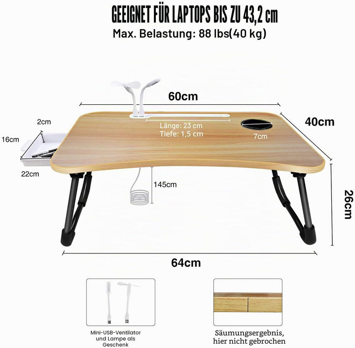 A3A ACADGQ Laptoptisch, Laptop Betttisch Klappbar, Notebook Tisch mit 4 USB Ladeanschluss, Schublade
