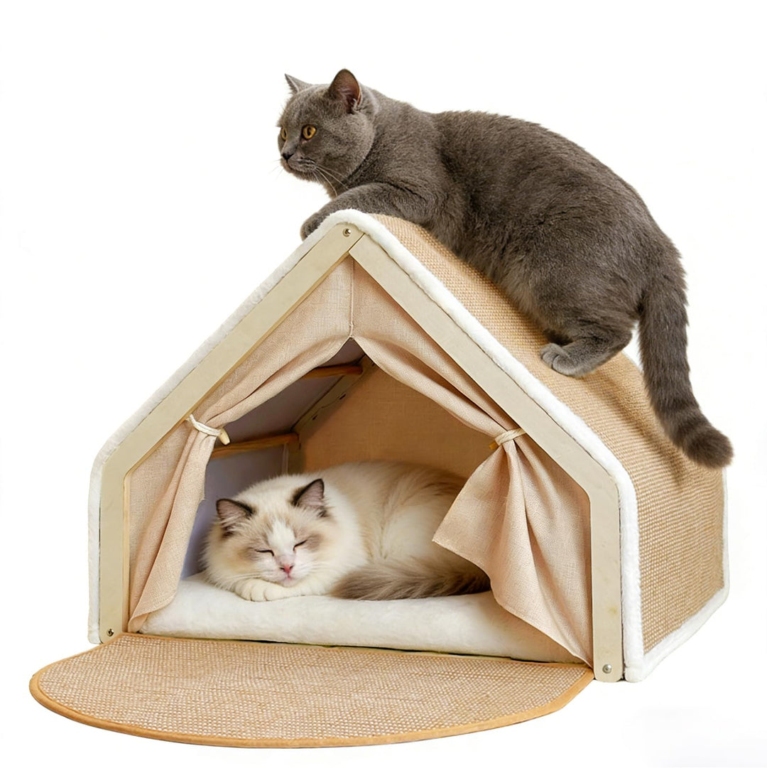 2-in-1 Katzenhaus Mit Kratzbrett Aus Holz, Katzenzelt Indoor Mit Sisal Kratzfläche Und Weichem Plüsc
